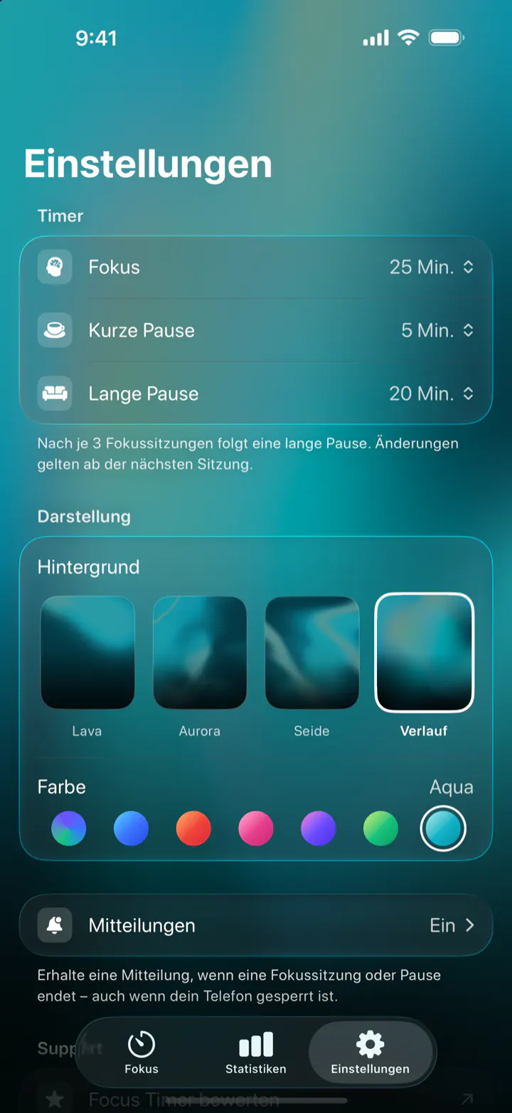 Einstellungen: Fokus 25 Min., kurze Pause 5 Min., lange Pause 20 Min. und die Hintergründe Lava, Aurora, Seide und Verlauf in sieben Farben
