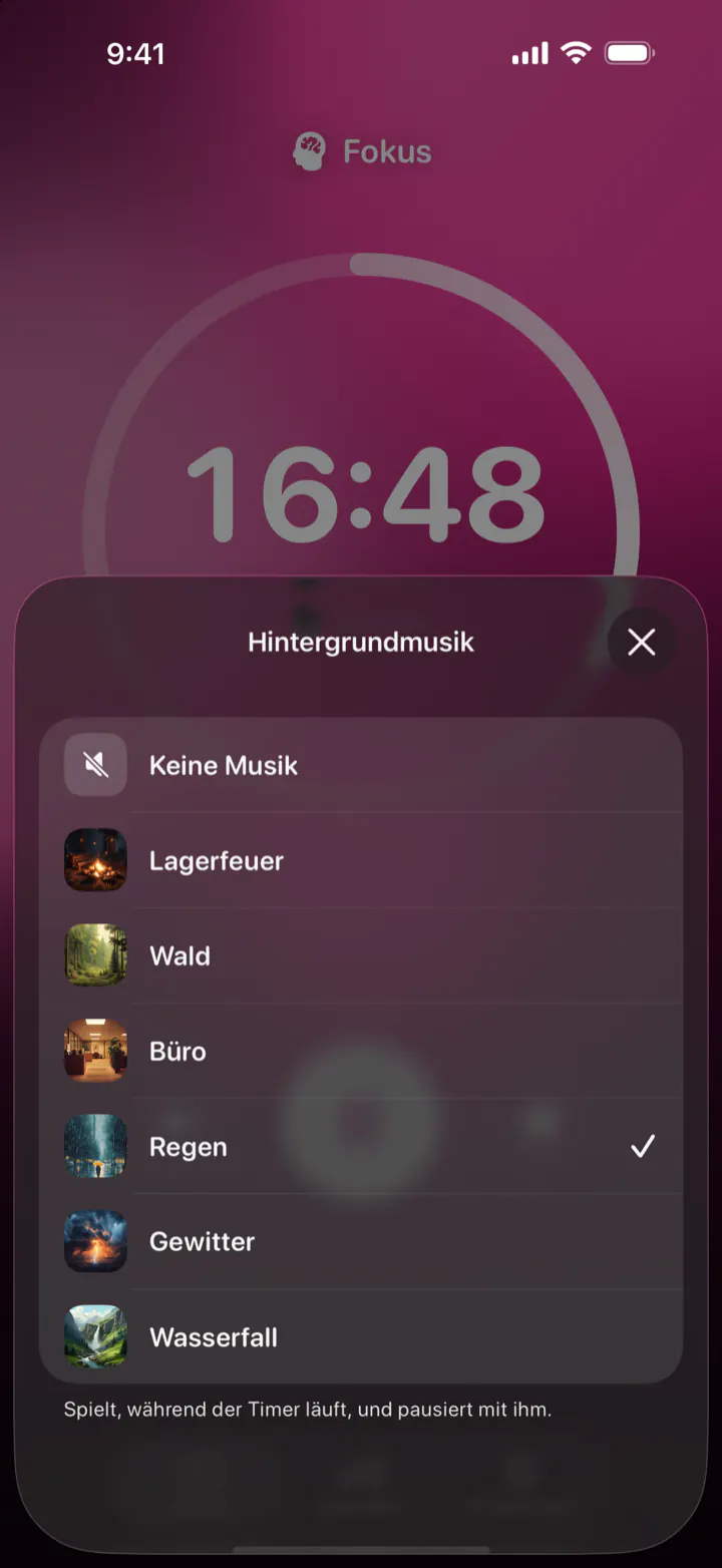 Einen Hintergrundklang in Pomodoro Focus auswählen: Keine Musik, Lagerfeuer, Wald, Büro, Regen, Gewitter und Wasserfall