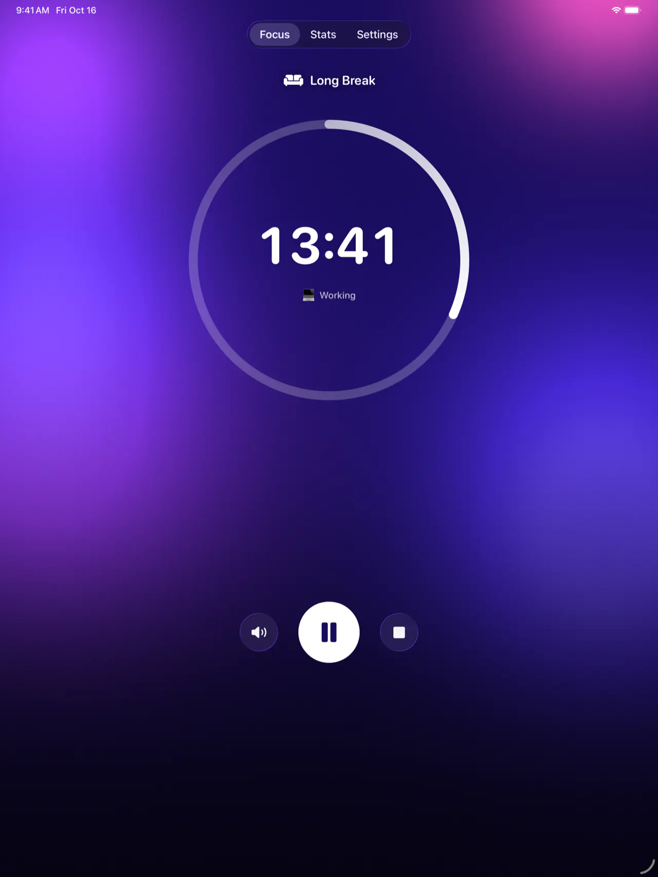 Pomodoro Focus on iPad during a long break: 13:41 left, on a purple background