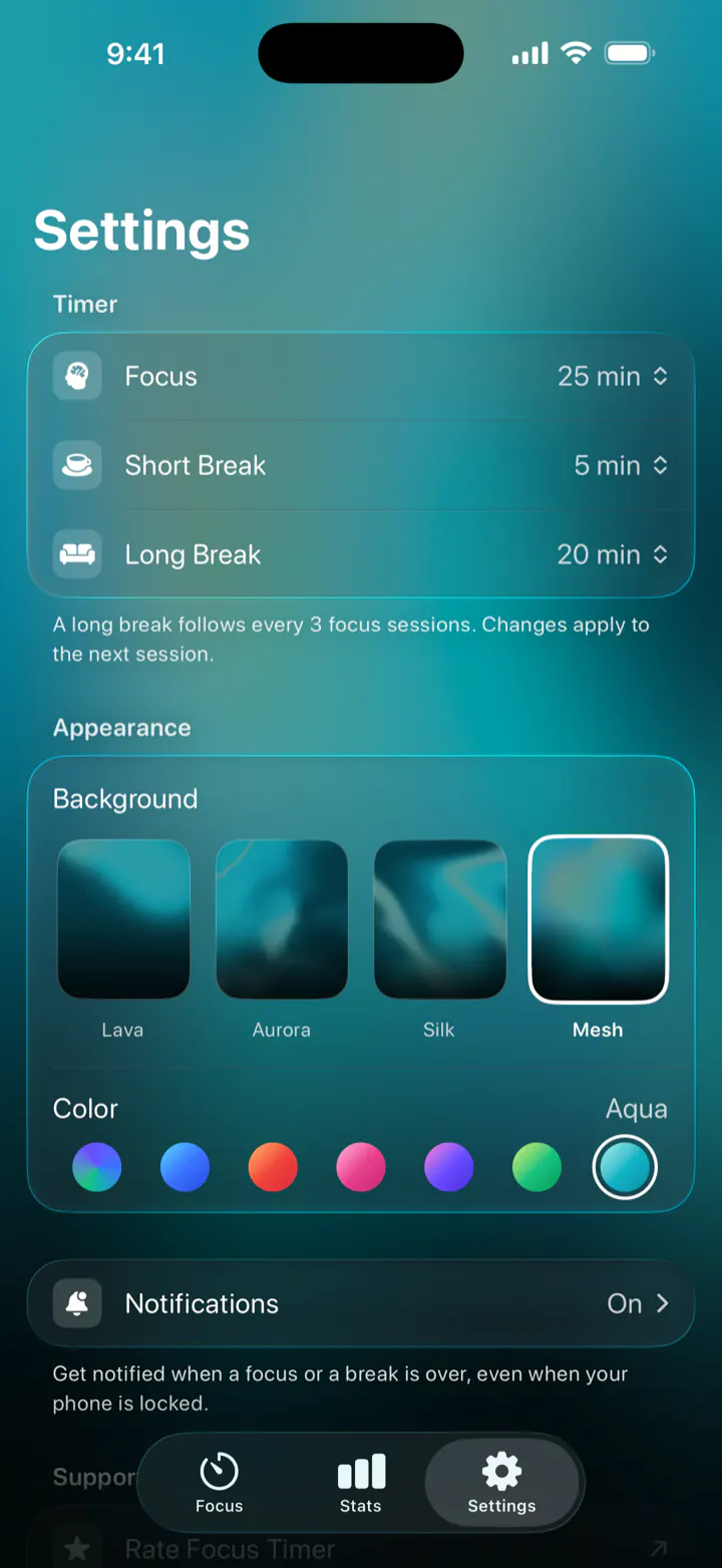 Settings: focus 25 min, short break 5 min, long break 20 min, and the Lava, Aurora, Silk and Mesh backgrounds in seven colors