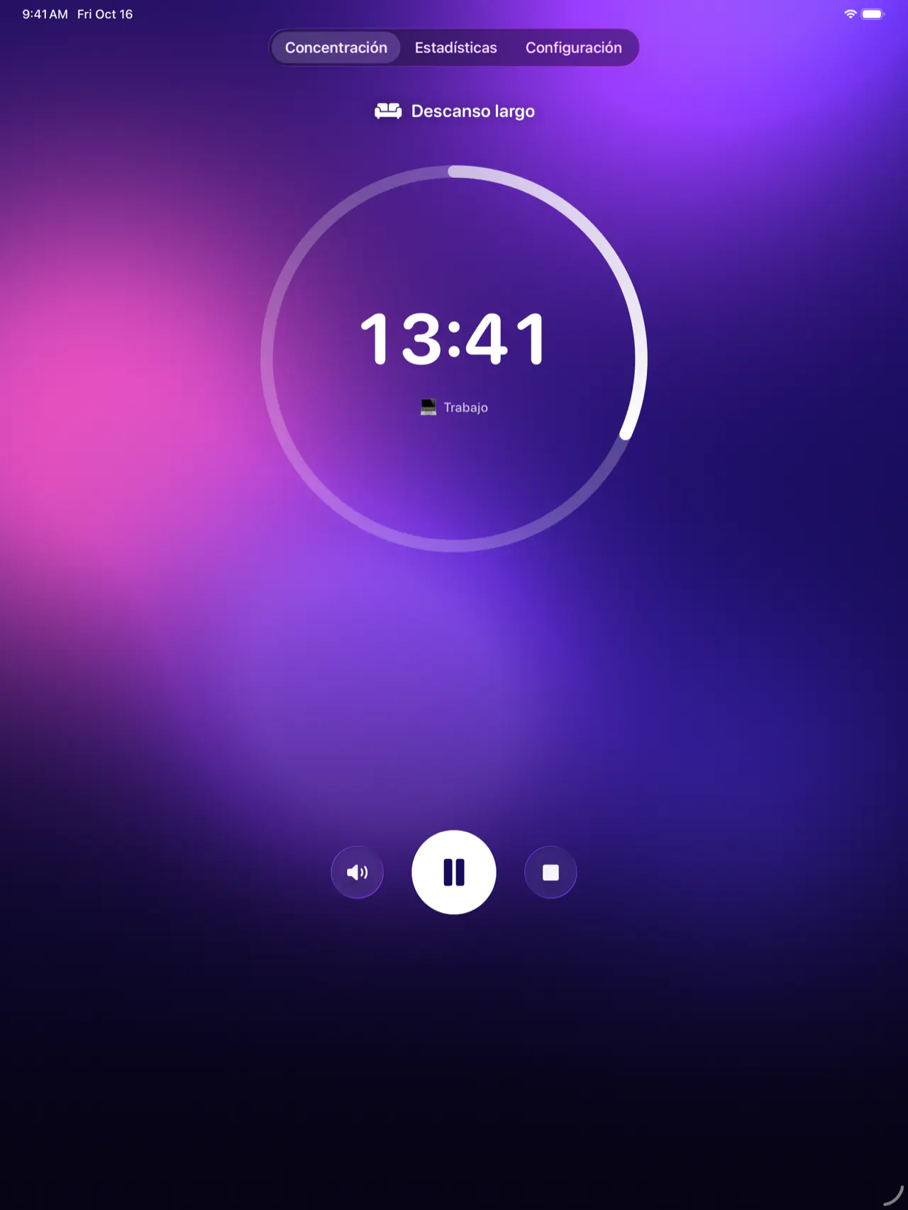 Pomodoro Focus en el iPad durante un descanso largo: quedan 13:41, sobre un fondo morado