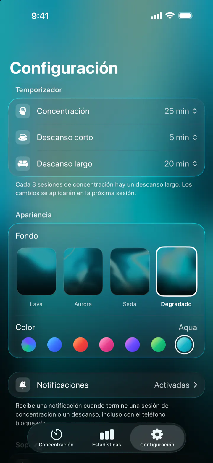 Configuración: concentración 25 min, descanso corto 5 min, descanso largo 20 min, y los fondos Lava, Aurora, Seda y Degradado en siete colores