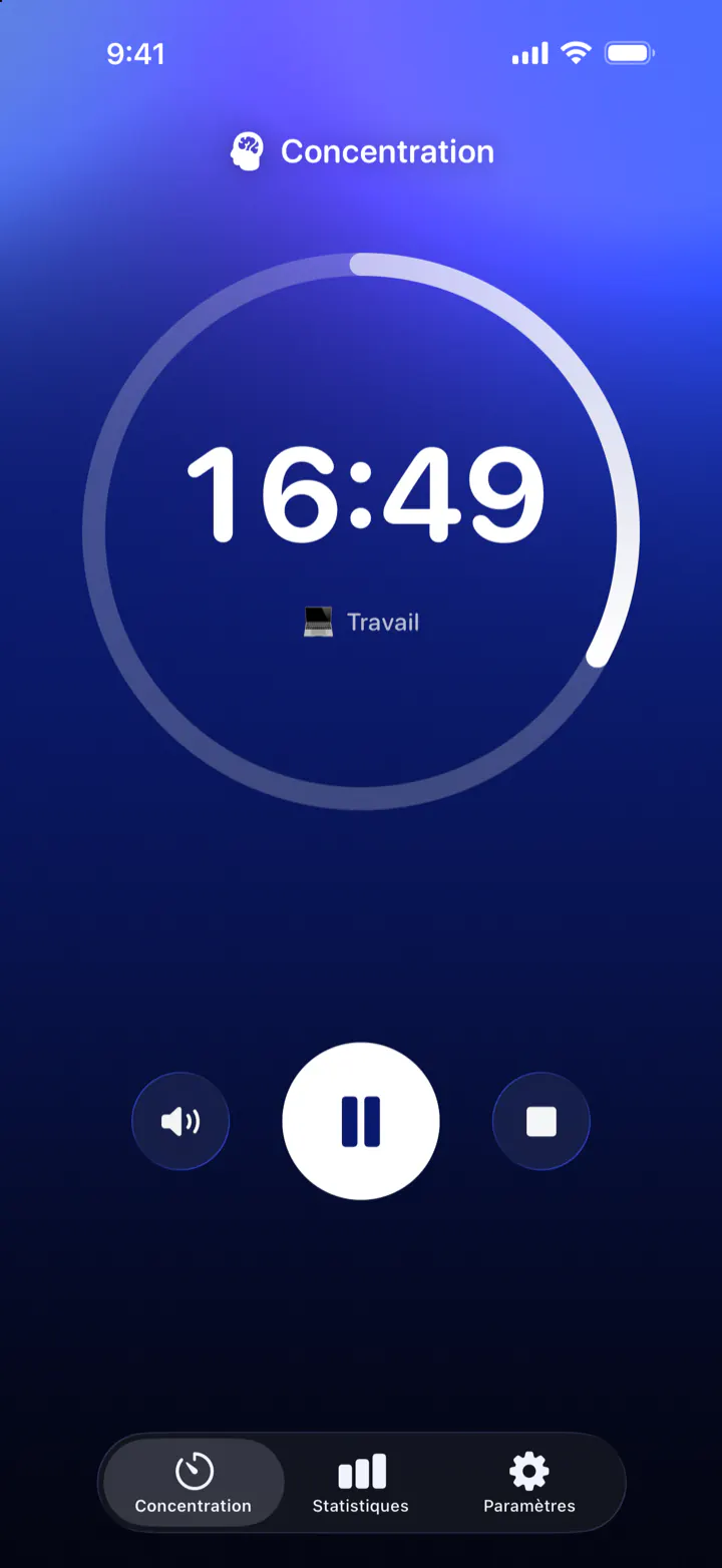 Le minuteur de Pomodoro Focus pendant une session de concentration : il reste 16:49, catégorie Travail