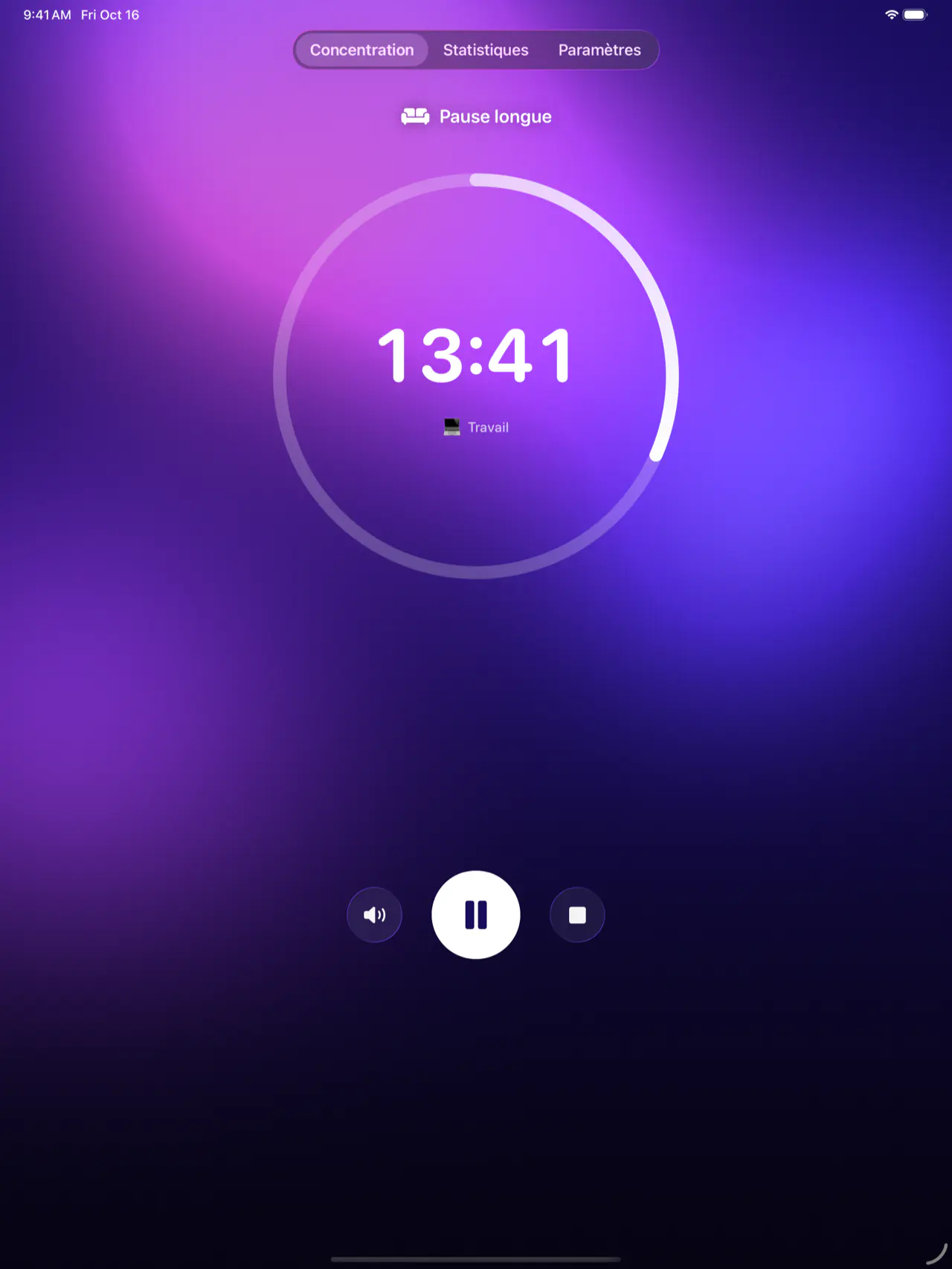 Pomodoro Focus sur iPad pendant une pause longue : il reste 13:41, sur un fond violet