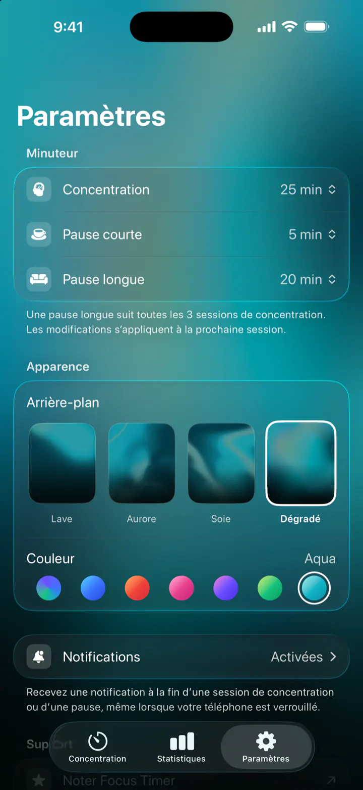 Les Paramètres : concentration 25 min, pause courte 5 min, pause longue 20 min, et les fonds Lave, Aurore, Soie et Dégradé en sept couleurs