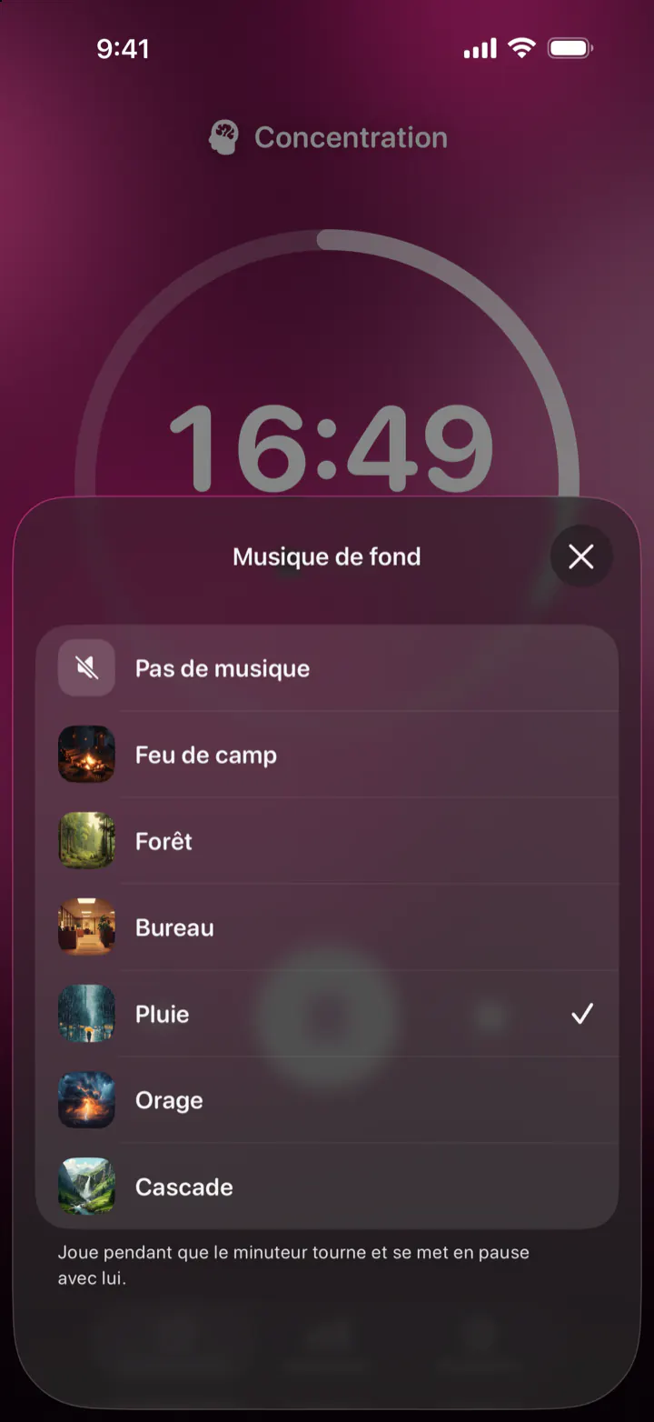 Le choix d’un son d’ambiance dans Pomodoro Focus : Pas de musique, Feu de camp, Forêt, Bureau, Pluie, Orage et Cascade