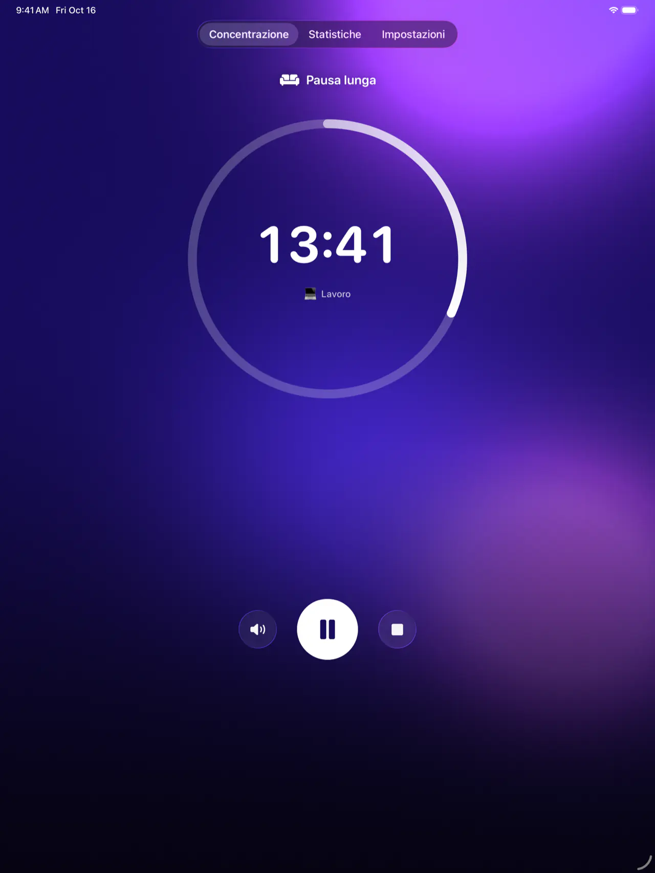Pomodoro Focus su iPad durante una pausa lunga: 13:41 rimanenti, su sfondo viola
