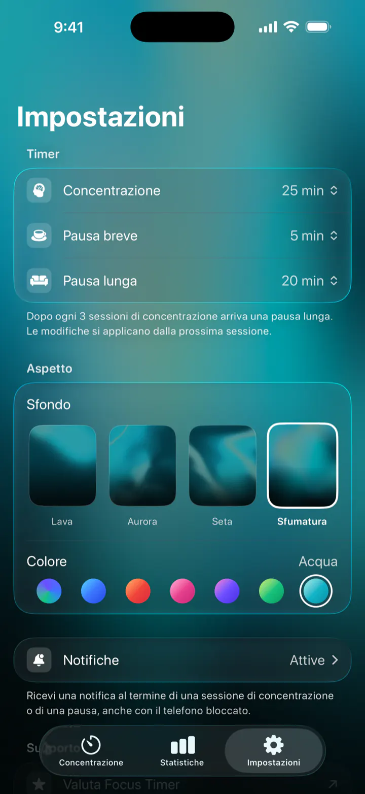 Impostazioni: concentrazione 25 min, pausa breve 5 min, pausa lunga 20 min, e gli sfondi Lava, Aurora, Seta e Sfumatura in sette colori
