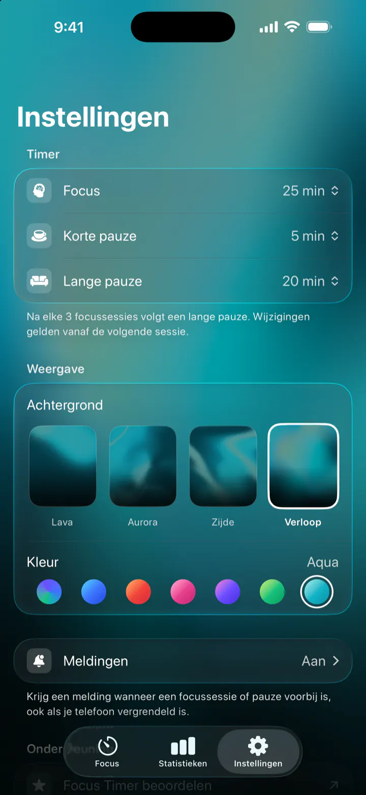 Instellingen: focus 25 min, korte pauze 5 min, lange pauze 20 min, en de achtergronden Lava, Aurora, Zijde en Verloop in zeven kleuren