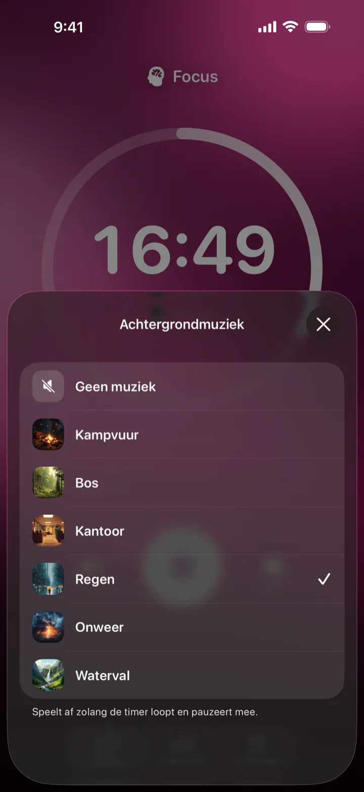 Een achtergrondgeluid kiezen in Pomodoro Focus: Geen muziek, Kampvuur, Bos, Kantoor, Regen, Onweer en Waterval