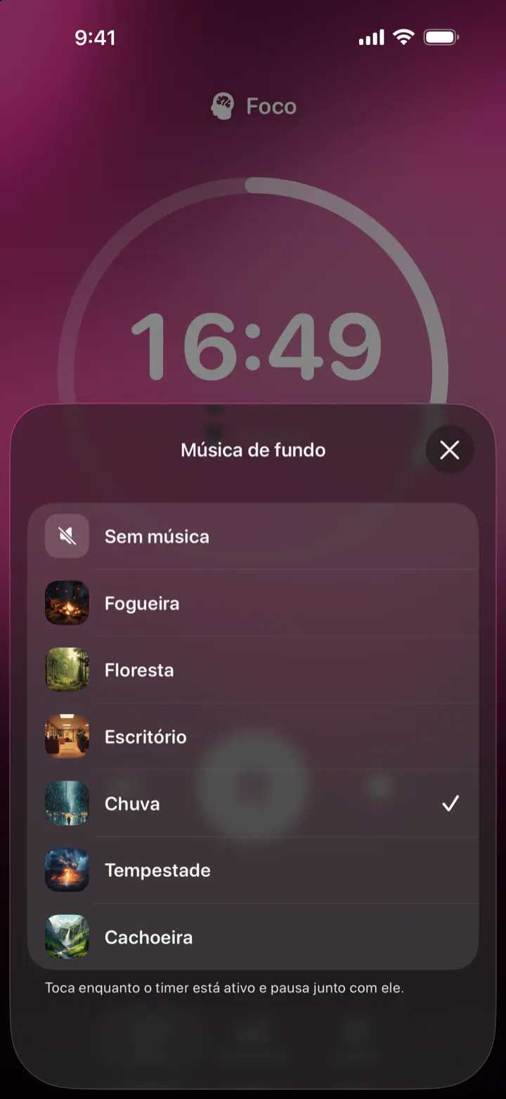 Escolhendo um som de fundo no Pomodoro Focus: Sem música, Fogueira, Floresta, Escritório, Chuva, Tempestade e Cachoeira